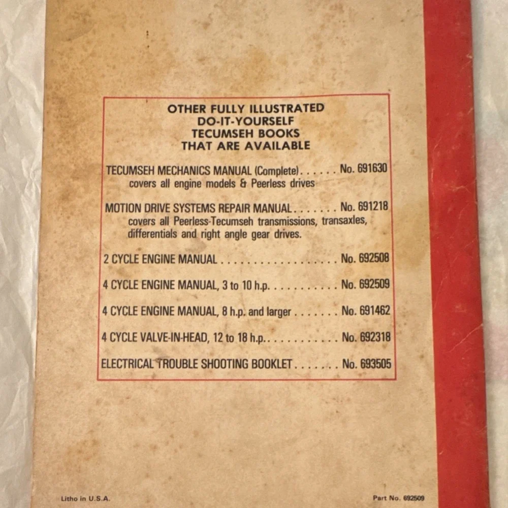 Tecumseh Engines Mechanic's Handbook 3-10 h.p. Light & Medium Frame MPN 692509
